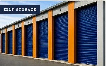 Self-storage facility with blue roll-up unit doors